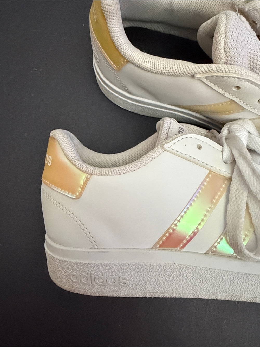 adidas White Sneakers with Iridescent Yellow Accent Stripes - Picture 6 of 7